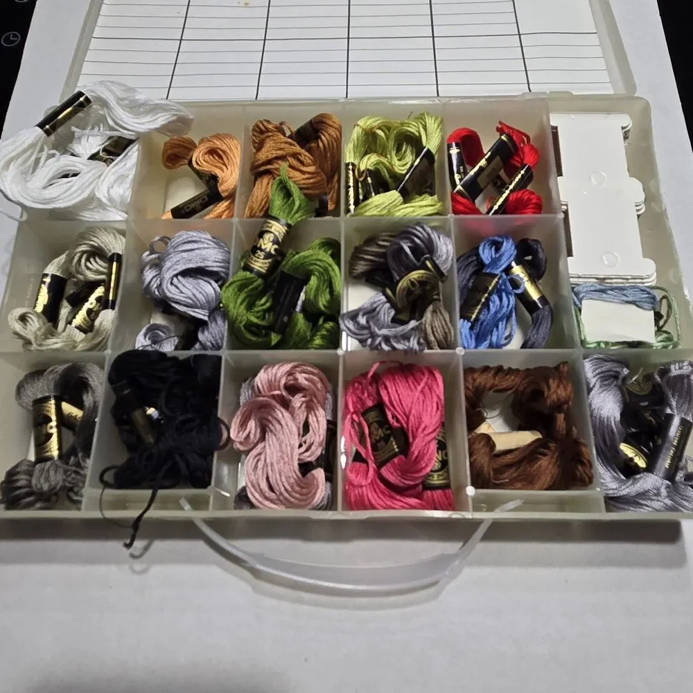 Lot of DMC Embroidery Floss Skeins with 17-Compartment Storage Organizer